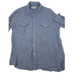 Mudo Collection Linen Shirt Mens 3/ L Blue Regular Fit Roll Tab Sleeve Coastal